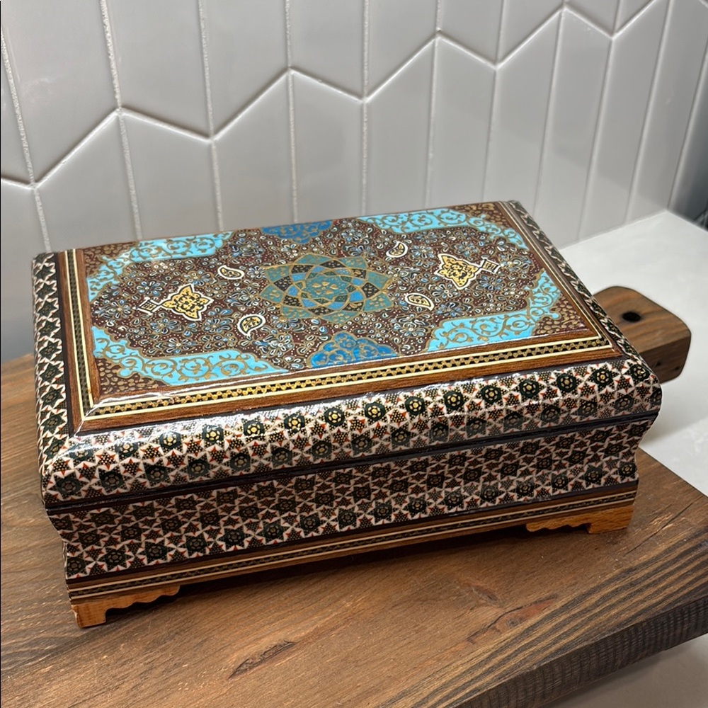 Vintage Persian Khatamkari Wooden Jewlery Box | Traditional Inlay design